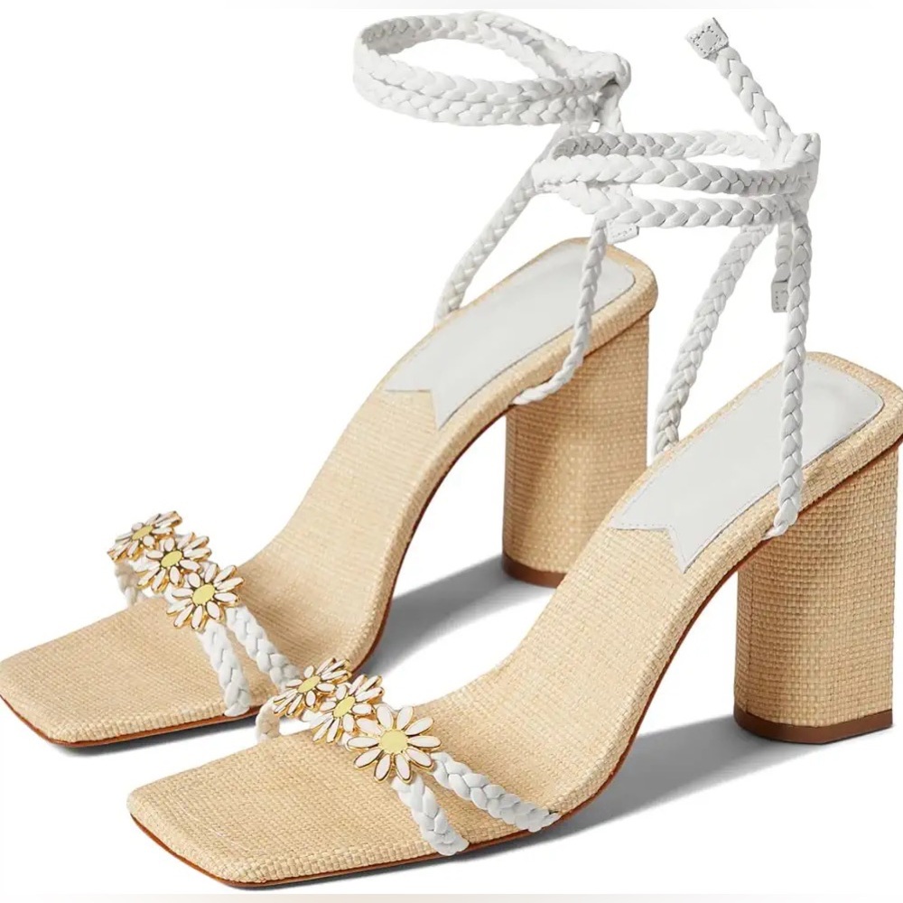 Schutz Floral Mid Heel Sandals Hina White Daises size 8.5
